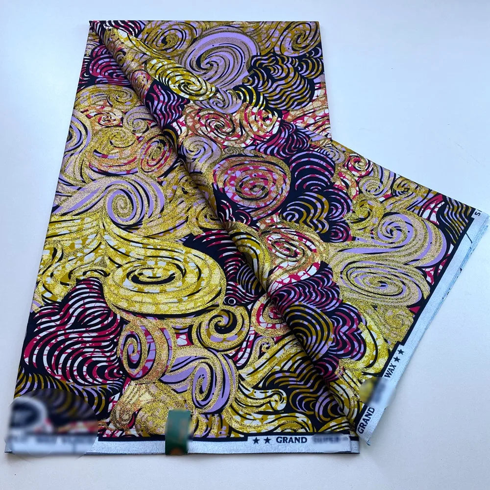 New African Wax Print Fabric Ankara Kitenge Pagne Loincloth Batik Wholesale Golden Glitter Grand 100Cotton Material For Sew 6yar