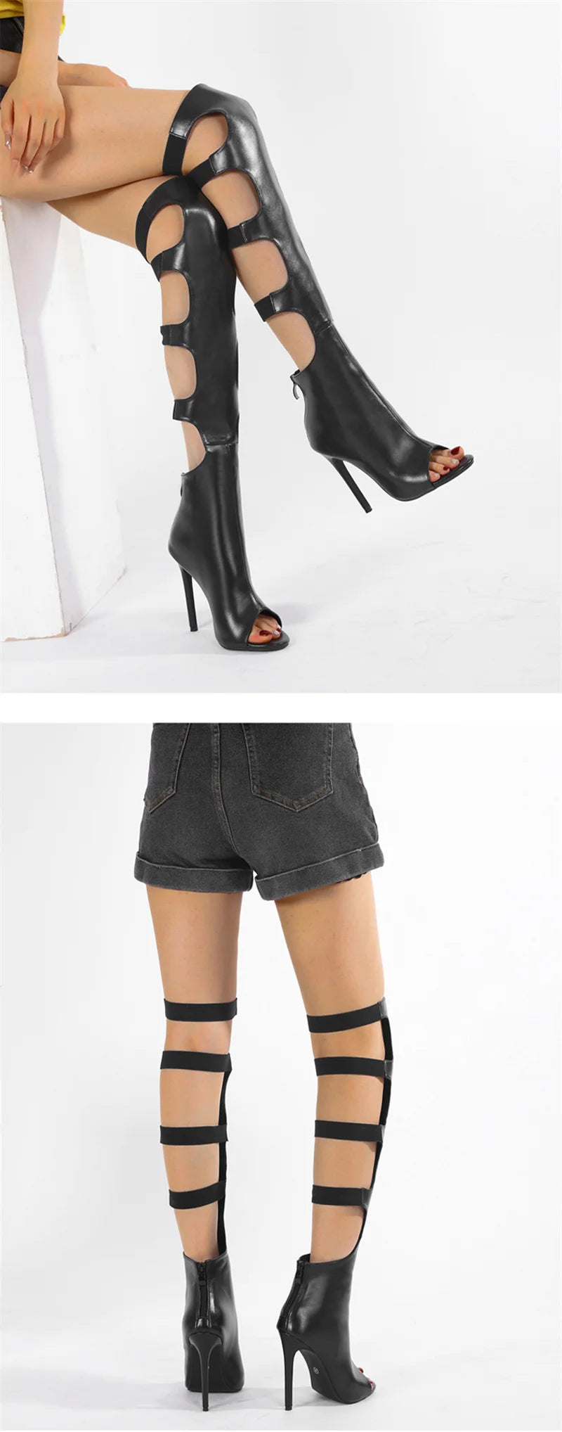 Liyke Sexy Peep Toe Zip Hollow Out Thigh High Boots Women Ballroom Latin Modern Tango Jazz Dancing Shoes Stiletto Heels Black