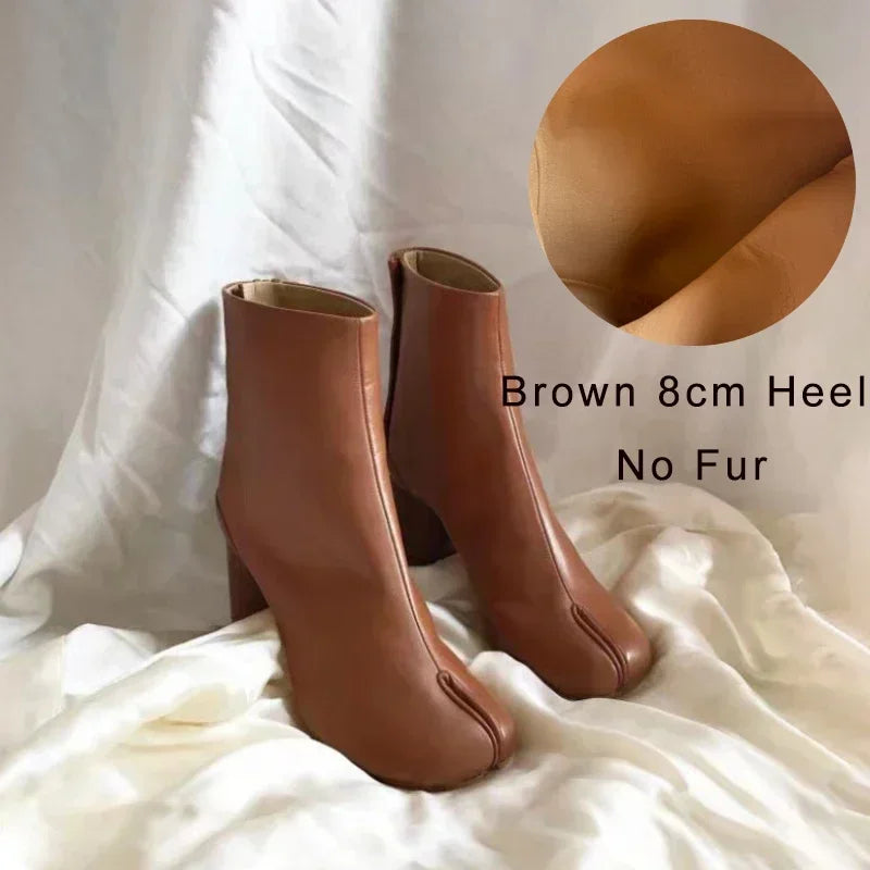 Luxury Brand Designer Tabi Split-toe Ankle Boots Women Genuine Leather Chunky Round Heel Short Boots 2024 Autumn Winter Shoes