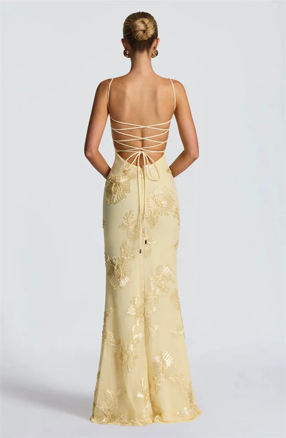 Mozision Spaghetti Strap Backless Sexy Maxi Dress Women Gown Floral Ribbon Applique Sleeveless Bodycon Evening Club Party Dress