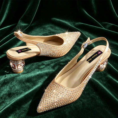 Hot Fuchsia Full Rhinestone Slingback Heels Matching Clutch Bag Set Women Luxury Crystal Pointed Shoes for Wedding Evening Party