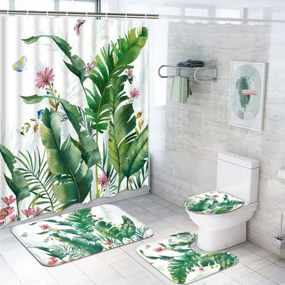 Banana Leaf Shower Curtain Set Non-Slip Rug Bathroom Accessories Tropical Palm Plant    Botanical Floral Green