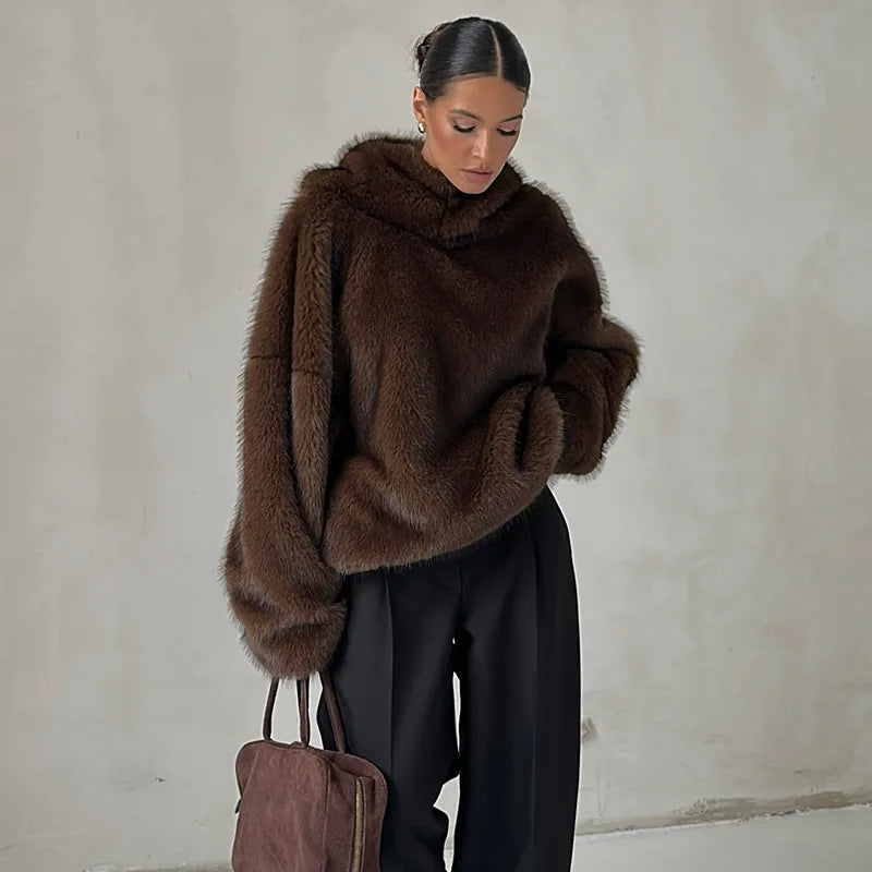 Luxury Faux Fur Hooded Pullovers Women's Loose Full Sleeve Stand Collar Pocket Coats 2025 New Autumn Winter Ladies Solid Outwear