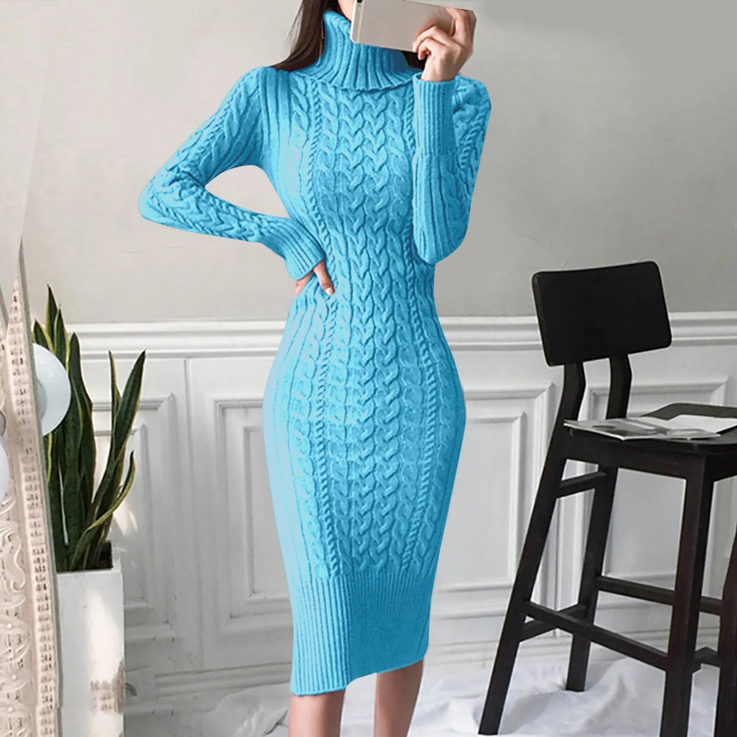 Autumn Winter Women Sweater Dresses Long Sleeve Turtleneck Dress Ladies Solid Color Knitted Bodycon Midi Dress Jumper Dresses