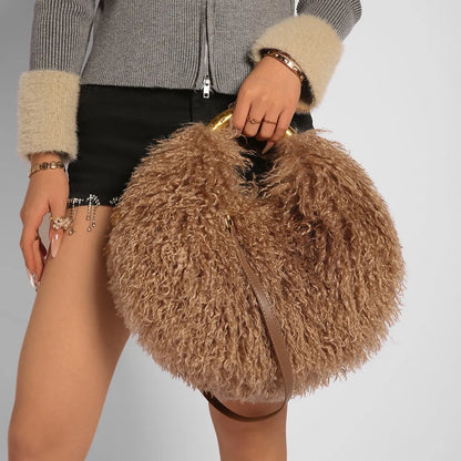 Spice Girl Solid Color Plush Women's Shoulder Bags Exquisite Handle Female Handbag Casual Versatile Furry Ladies Messenger Bag