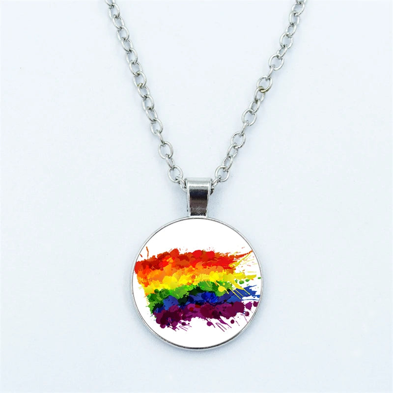 Rainbow Necklace LGBT Lesbian Gay Pride Rainbow Friendly Print Art Pattern Glass Cabochon Pendant Couple Chain Necklace Gift