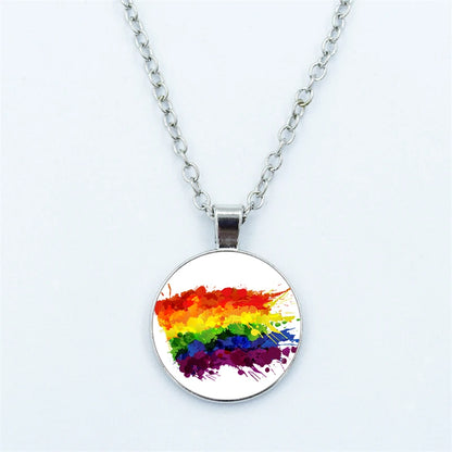 Rainbow Necklace LGBT Lesbian Gay Pride Rainbow Friendly Print Art Pattern Glass Cabochon Pendant Couple Chain Necklace Gift