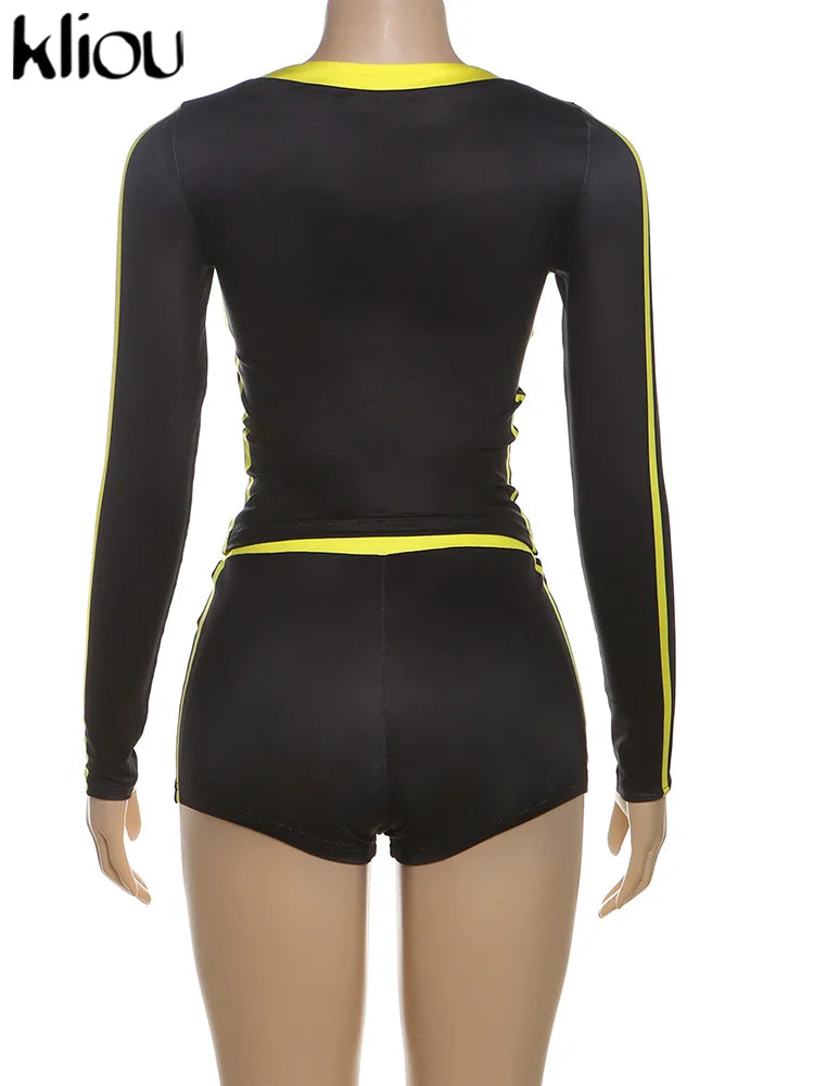 kliou Letter Print Panelled Women 2Piece Set Sporty Autumn Matching Full Sleeve Slim Tees+Bandage Shorts Female Track Streetwear