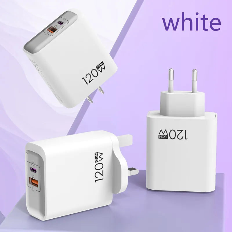 120W PD Fast Charger Type C Quick Charge USB C Wall Charger Adapter For iPhone 17 16 15 Samsung Xiaomi OPPO 2-in-1 Data Cable﻿﻿