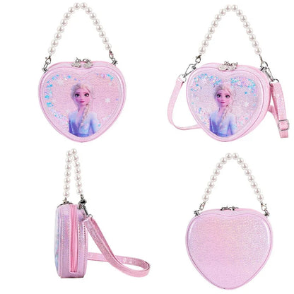 Disney Elsa Shoulder Bag Shiny Quicksand Pearl Handbag Heart-shaped Crossbody Bag For Girls Gifts