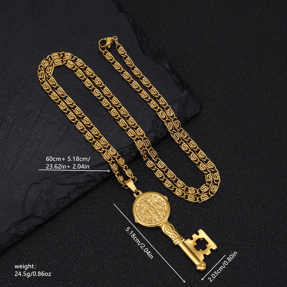 Catholicism Saint Benedict Key of Life Pendant Necklace for Women Men Stainless Steel Hip Hop San Benito Medal Necklaces Jewelry