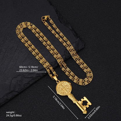 Catholicism Saint Benedict Key of Life Pendant Necklace for Women Men Stainless Steel Hip Hop San Benito Medal Necklaces Jewelry