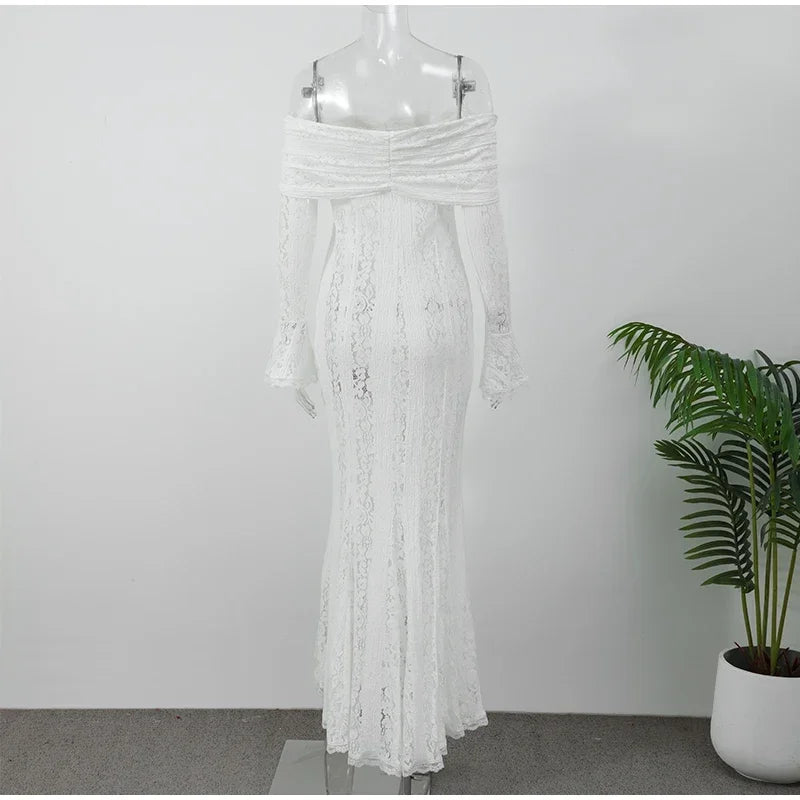 White Sexy Lace Flare Sleeve Dress Off Shoulder Slim Maxi Dresses Women 2024 Female Hollow Out Mermaid Floor Length Elegant Robe