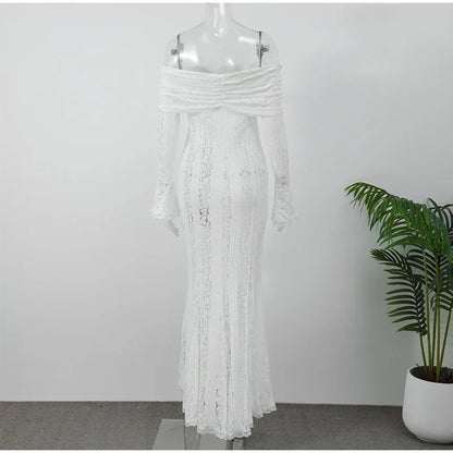 White Sexy Lace Flare Sleeve Dress Off Shoulder Slim Maxi Dresses Women 2024 Female Hollow Out Mermaid Floor Length Elegant Robe