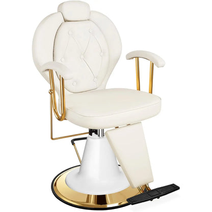 Cream Reclining Salon Chair Hydraulic 360° Swivel Adjustable Headrest 440lbs Capacity Barber Styling Seat, Customized