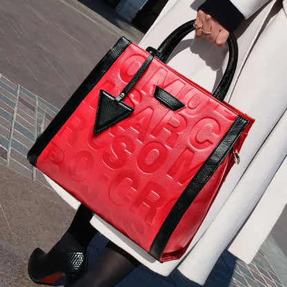 Genuine leather letter printed women's handbag new large capacity contrasting leather crossbody bag