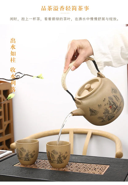 Retro Japanese coarse pottery beam pot business gift ceramic kung fu tea set large teacup