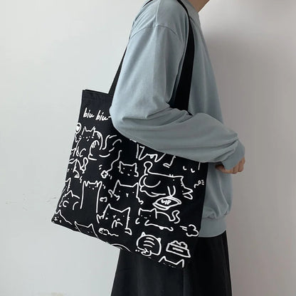 Canvas Bags Handbag for Women Shopper Cute Cat Tote Bag with Zipper Designer Bag Japanese Style Cartoon Small Shoulder Bags