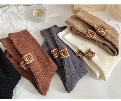 2 Pairs Cashmere Socks Winter Women Warm Wool Thickened Mid-Tube Trendy Heel Furry Label Letter Solid Color Snow Boot Socks New