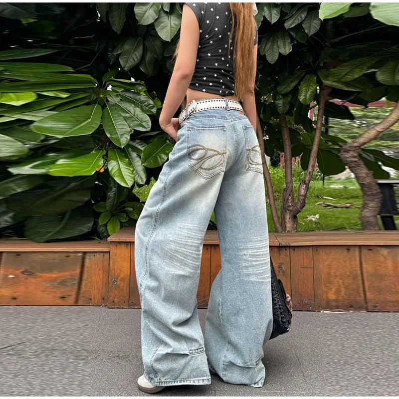 Women's Jeans Vintage Printed High Waist Zipper Pockets Straight Leg Trousers Female 2026 Spring Fashion Woman Clothes Outwears