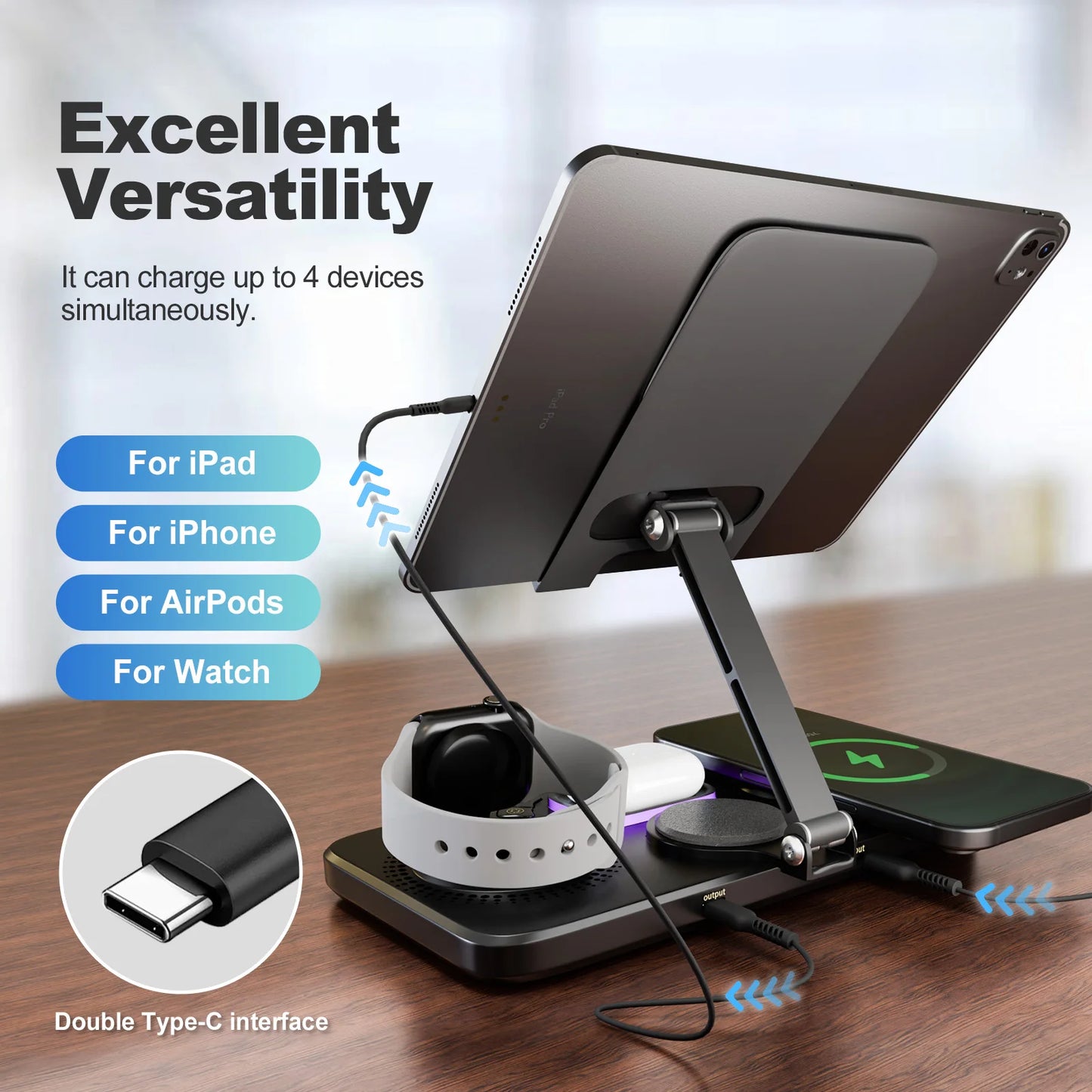 7-in-1 Wireless Charger Station 15W Foldable Fast Charging Alarm Clock Night Light for iPhone 17 16 15 14 Apple Watch AirPods