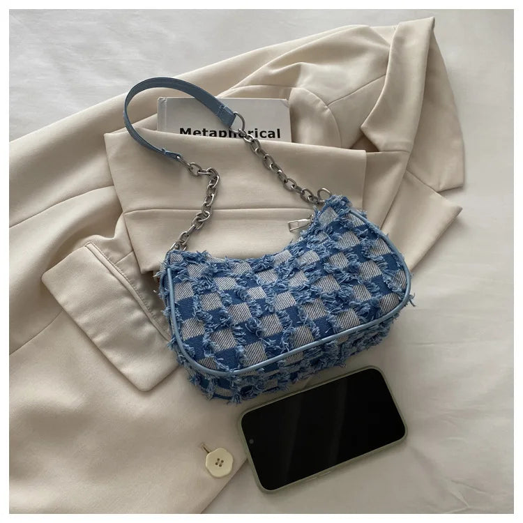 Women's Tote Bag with Star Pattern Blue Distressed Design, Golden-Tone Hardware, Stylish Handbag Shoulder Bag for Everyday Use