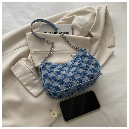 Women's Tote Bag with Star Pattern Blue Distressed Design, Golden-Tone Hardware, Stylish Handbag Shoulder Bag for Everyday Use
