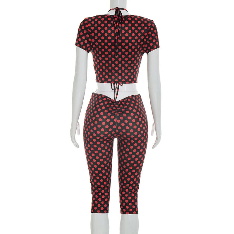 FAGADOER Sexy Woman 3 Piece Set Outfit Polka Dot Print Patchwork Short Sleeve Crop Top and Pants Matching Female Streetwear New