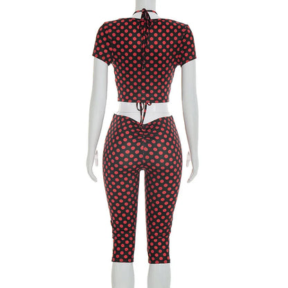 FAGADOER Sexy Woman 3 Piece Set Outfit Polka Dot Print Patchwork Short Sleeve Crop Top and Pants Matching Female Streetwear New