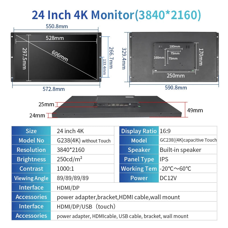 Factory Price 23.8 24 Inch FHD 4K 3840*2160 VESA Panel Mount Open Frame PCAP Touch Screen Monitor Industrial LCD Display DP/HDMI