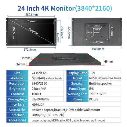 Factory Price 23.8 24 Inch FHD 4K 3840*2160 VESA Panel Mount Open Frame PCAP Touch Screen Monitor Industrial LCD Display DP/HDMI