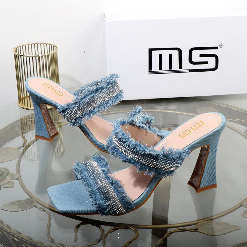 Denim women slippers 2025 new rhinestone plush stiletto heels women outdoor fashion women's slippers Luxury elegant women shoes