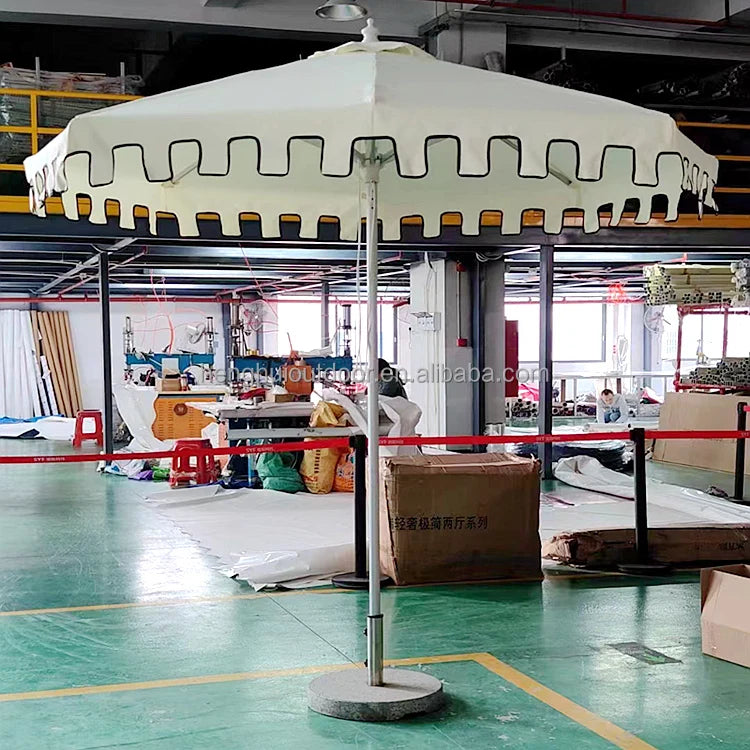 Pink Yellow Blue Striped Parasols Umbrellas Outdoor Luxury Aluminium Market Style Beach Umbrella with Fringe Outdoor for Shop