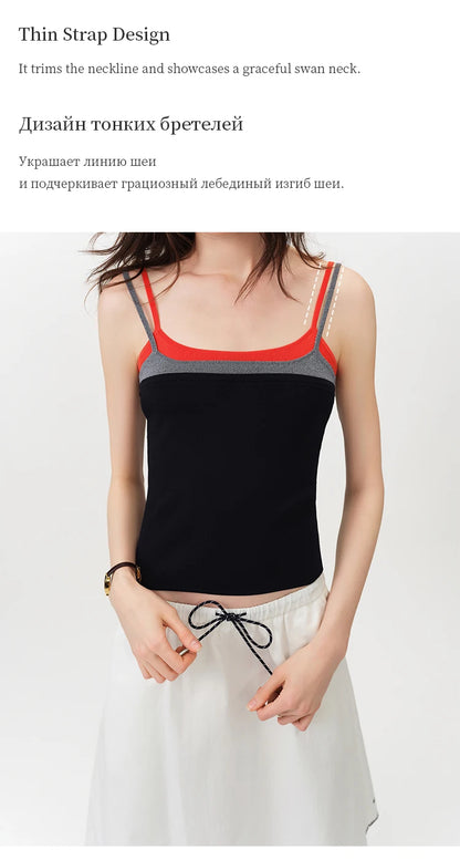 FSLE 2026 Summer Women Color Block Contrast Trim Cami Top, Navy Slim Fit Cropped Vest for Y2K Daily Layering Style Chic Hot Girl