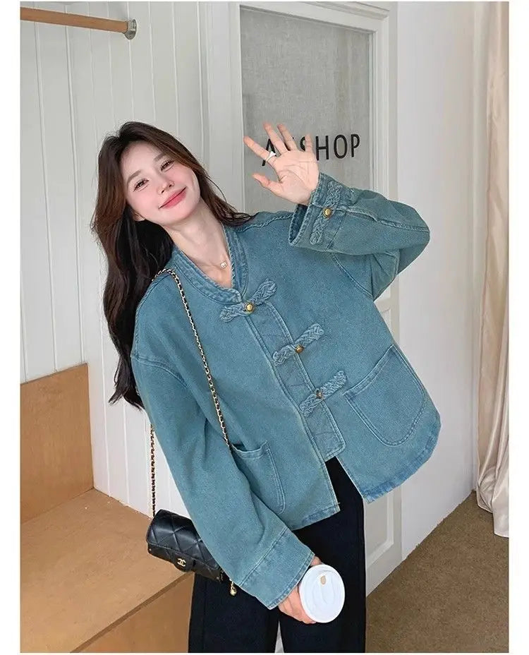 Women Clothing Autumn Fashion Simplicity All-match Temperament Button Solid Color O-neck Female Chinese Style Denim Jacket Tops