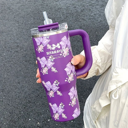 1pc 900ml Floral Print Stainless Steel Vacuum Insulated Tumbler with Straw,  Ice Cold Retention Cup,Birthday Gift for Women