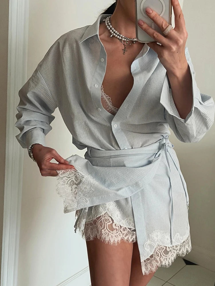 Striped Mini Dress Women Lapel Single Breasted Long Sleeves Lace Patchwork Waistband Robe Female 2026 Summer Beach Vacation Sets