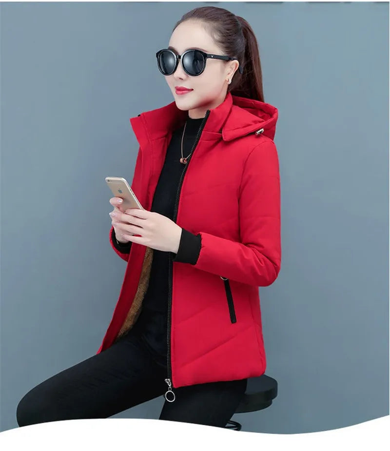 2025 New Women Add Velvet Cotton Jacket Female Winter Fleece Warm Hood Fashion Coat Ladies Down Padded Jackets M- 5XL Coat