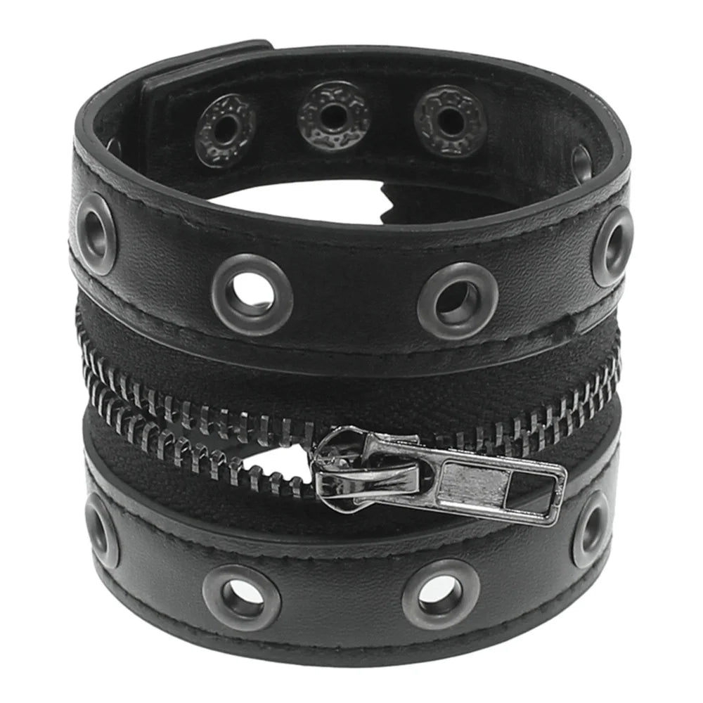 2025 Gothic Adjustable Pu Leather Bracelet Zipper Punk Rivet Wrap Bracelets Bangle Button Wristband Men Women Jewelry