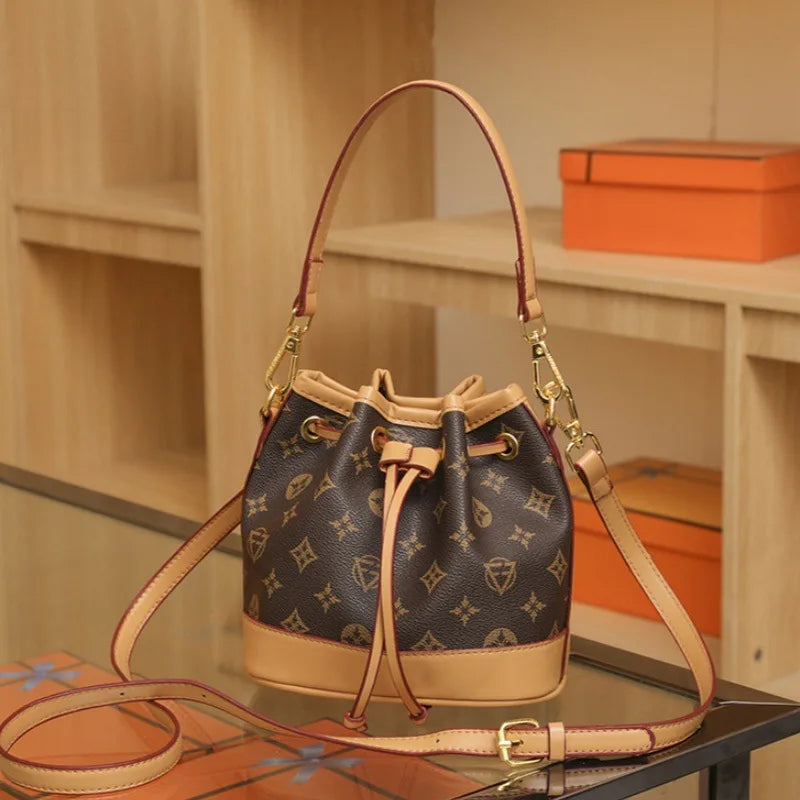 2026 Lady Luxurious Retro Bucket Bag-Shoulder Sling Bag, Backpack, Handbag, Print Drawstring Shoulder bag, Casual Versatile