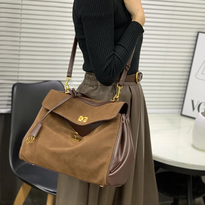 Luxury Brand Women Messenger Bags Soft Leather Brown Suede Hand Held Totes Gold Buckle Women Shoulder Bags Lady Trend Satchel