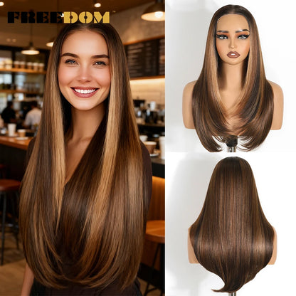 FREEDOM 9x6 Pre Plucked Synthetic Lace Front Wigs For Women Straight Layerd Wig 24" Ombre Blonde Wear And Go Glueless Lace Wigs