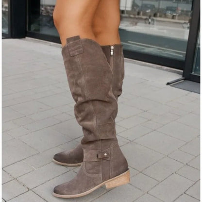 long women's boots Low Heel Side Zip Size 43 Suede Thigh High Women's Boots Retro Woman Booties Autumn Winter Knee High Boots