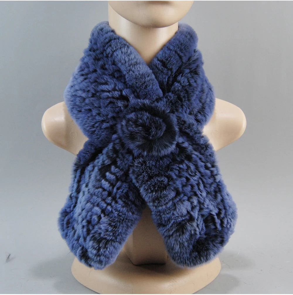 Hot Russian Women Knit Real Rex Rabbit Fur Scarf Lady Fashion Floral Rex Rabbit Fur Mufflers Hot Winter Warm Natural Fur Scarves