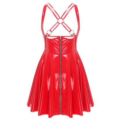 Gothic Punk Women Wet Look Latex Leather Dress Sleeveless Front Cut Out Cups Bodycons Dress Sexy Raves Party Nightclub Clubwear