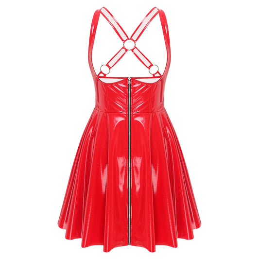 Gothic Punk Women Wet Look Latex Leather Dress Sleeveless Front Cut Out Cups Bodycons Dress Sexy Raves Party Nightclub Clubwear