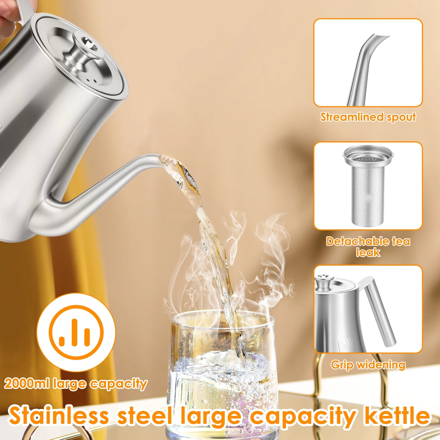 2L Stainless Steel Teapot With Removable Infuser Large Capacity Thickened Kettle Tea Set Gas Induction Home Camping