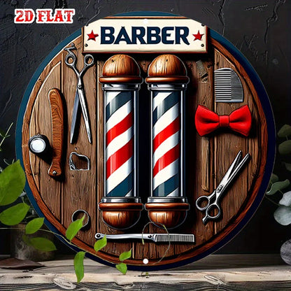 A 2D flat barber shop circular wooden sign - a return design style for homes, garages, restaurants, and cafes