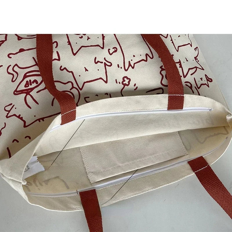 Canvas Bag Womens Handbag Shopping Bag Cute Cat Zipper Handbag Designer Bag Japanese Style Cartoon Small Shoulder Bag