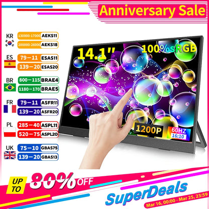 HGFRTEE 14 Inch Touch Screen Portable Monitor 100%sRGB 400cd/m2 Gaming Computer Expand Display For XBox PS4/ 5 Switch Loptop